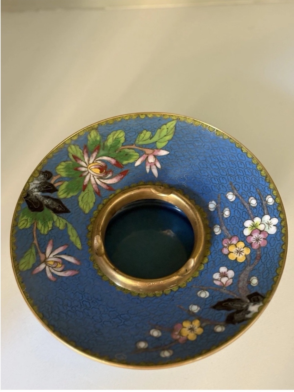 Antique Chinese Cloisonné Enamel Ashtray Blue Floral Brass 7.25”